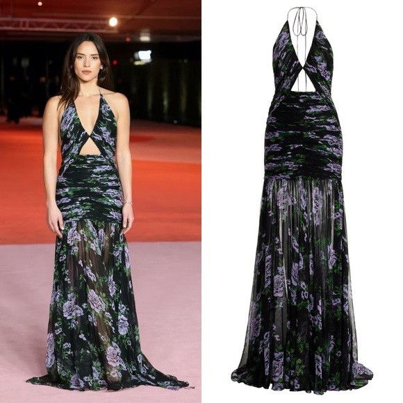 Carolina Herrera Floral Silk Chiffon Cutout Halter Maxi Gown Black Multi 4 NWT - Picture 10 of 10